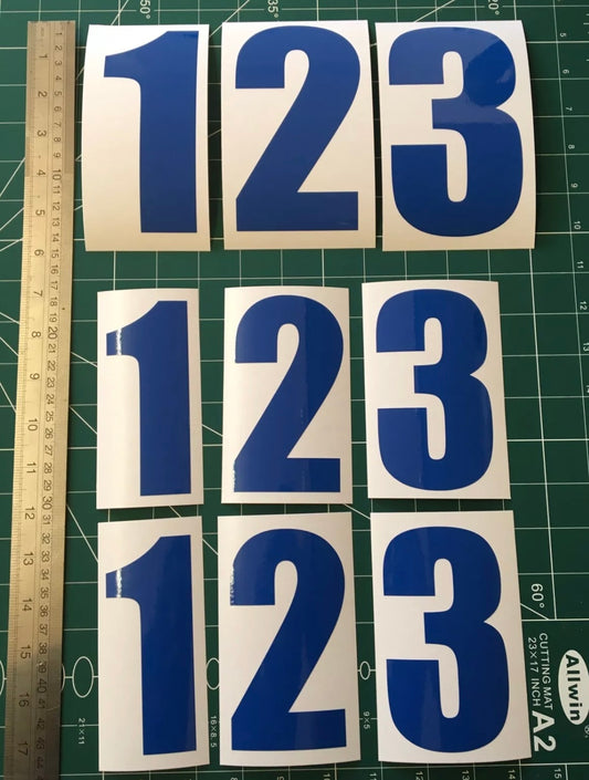 GLOSS BLUE Racing Numbers Stickers Decals Digits (X3 140mm & X6 120mm) Race ACU