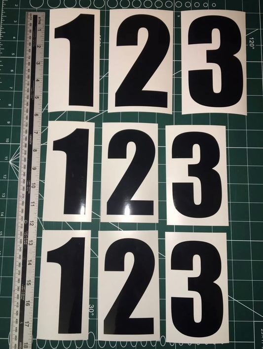 GLOSS BLACK Racing Numbers Stickers Decals Digits (X3 140mm & X6 120mm) Race ACU