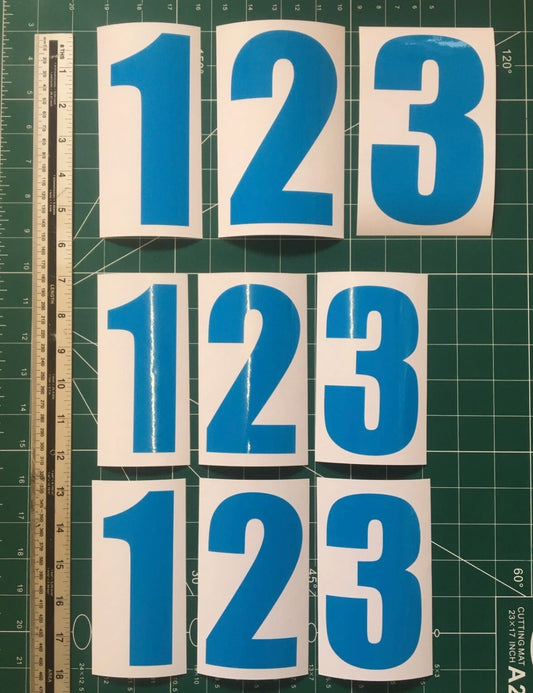 GLOSS LIGHT BLUE Racing Numbers Stickers Decals Digits (X3 140mm & X6 120mm) Race ACU